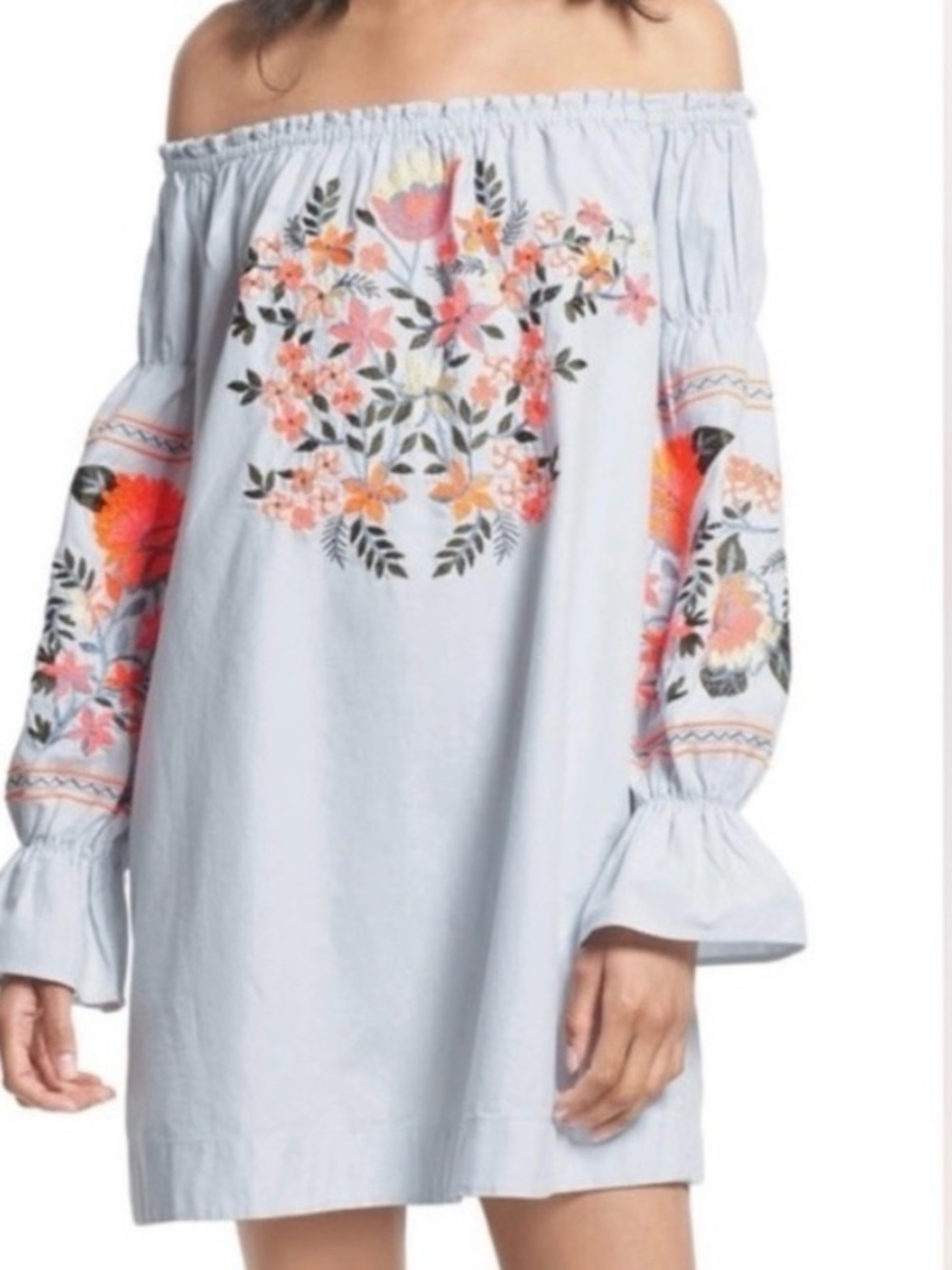Free People Off-Shoulder Light Blue Floral Peasant Dress